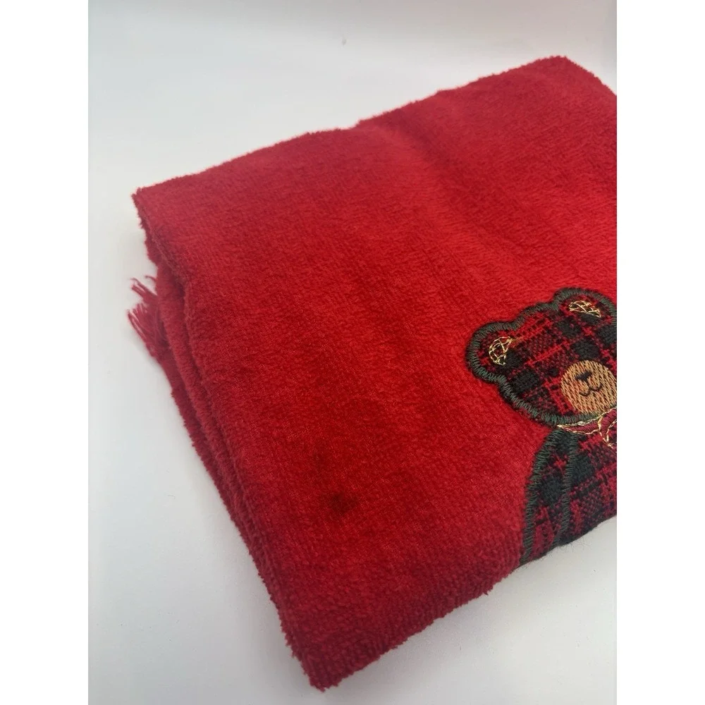 Vintage Christmas Teddy Bear Hand Towels 2 Red Embroidered Holiday Guest Towels
